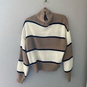 Brown, white, and black stripped turtlneck sweater. Perfect for autumn.